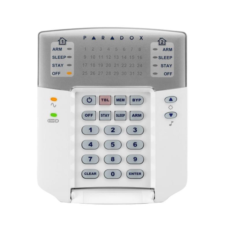 Tastatura Paradox LED K32+ -32 zone, pe fir; compatibilitate: SP, MG Stay D; LED -uri indicatoare separate de stare pentru 2 partiţii: armare totală/somn/parţială/dezarmare; 1intrare de zonă; zone tip clopoţel setabile independent; 7 butoane acţiune tip "one-touch"; 3 alarme panică activabile de la