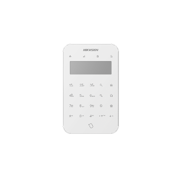 Tastatura wireless LCD AX PRO Hikvision DS-PK1-LT-WE, 868MHz two-way Tri-X wireless technology; distanta comunicare RF : 1200min camp deschis; Stay/away arming, disarming, alarm clearing for anumite zone sau pentru toate zonele; One-Push fire alarm, panic alarm, and medical alarm (Silent/Audible