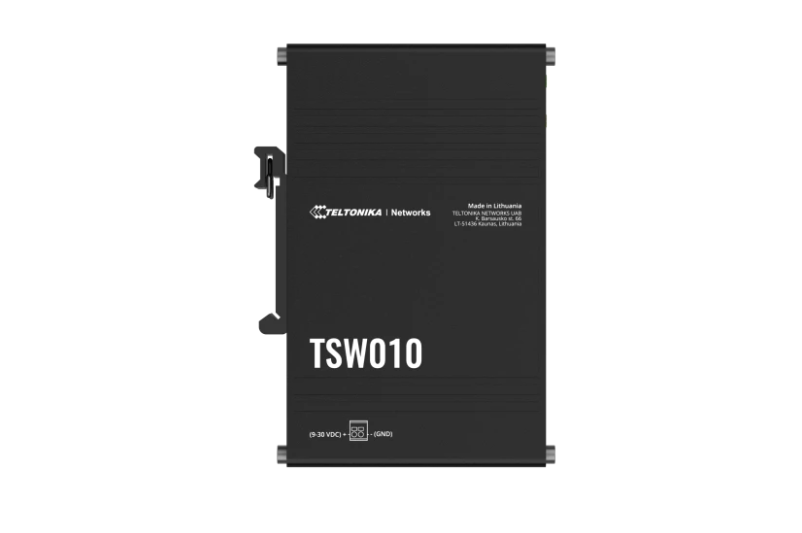 TELTONIKA INDUSTRIAL 5PORT SWITCH TSW010, Interfata: 5 x ETH port, 10/100 Mbps, supports auto MDI/MDIX crossover, Standarde retea: 802.3i, 802.3u, 802.3x, 802.3az, Latime de banda: 1 Gbps, Carcasa aluminiu, Dimensiuni: 113.1 x 27.4 x 80.5 mm, Greutate: 146.5 g, IP30