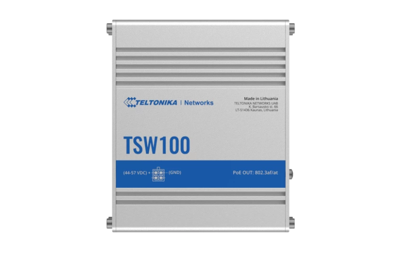 TELTONIKA INDUSTRIAL 5PORT Unmanaged POE+ Switch TSW100, Interfata: 5 x ETH ports, 10/100/1000 Mbps, supports auto MDI/MDIX crossover, Standarde retea: 802.3i, 802.3u, 802.3ab, 802.3x, 802.3az, 802.3ad, Porturi POE:1-4, POE Budget: 120W, Latime de banda: 10 Gbps, Carcasa aluminiu: Dimensiuni: 115 x