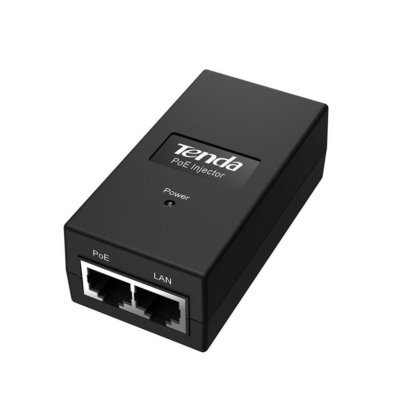 Tenda POE Injector  POE15F, 10/100Mbps; Compatible with IEEE802.3 ,IEEE802.3u Standard; Transmission range up to 100M; Power output can bematched automatically; 1* FE port; 1* data and power output portsupporting PoE.