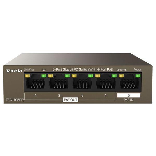 Tenda 5-Port Gigabit PD switch, 4 port POE TEG1105PD, Network standard: IEEE 802.3, IEEE 802.3u, IEEE 802.3x, IEEE 802.3ab, IEEE 802.3af, IEEE 802.3at, Interface: 4*10/100/1000 Base-T Ethernet Ports(Data/PoE OUT), 1 *10/100/1000 Base-T Ethernet Port(Data/PoE IN), Switching Capacity: 10 Gbps, PoE