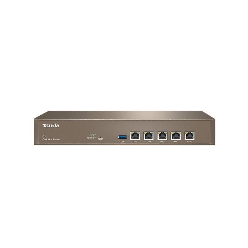 Tenda Wireless QoS VPN Router, gateway, G3; Multi WAN Load Balance:Based Conection Session/ Based Conection Users; DHCP Server; BandwidthControl: 30 Entries/ Based Accounts/ Based Accounts; PortalAuthentication: 200 authentication Accounts/ Customize the InternetAccess Time/ Customize Advertise