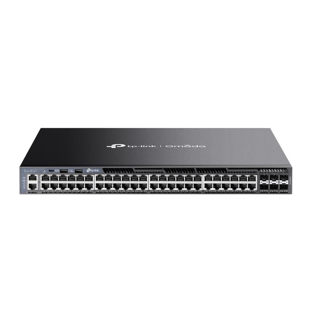 "Omada 48-Port Gigabit Stackable L3 Managed Switch with 6 10GE SFP+ Slots PORT: 48× Gigabit RJ45 Ports, 6× 10G SFP+ Slots, RJ45/Type C USB Console Port, Management Port, 2× USB2.0 Ports SPEC: 1U 19-inch Rack-mountable Steel Case FEATURE: Integration with Omada SDN Controller, Stacking, RIP, OSPF