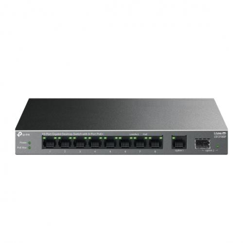 "10-Port Gigabit Desktop Switch with 8-Port PoE+ PORT: 8× Gigabit PoE+ Ports, 1x Gigabit Non-PoE Port, 1× Gigabit SFP Slot SPEC: 802.3at/af, 61 W PoE Power,  Desktop Steel Case FEATURE: Extend Mode for 250m PoE Transmitting, Isolation Mode, PoE Auto Recovery, Plug and Play"