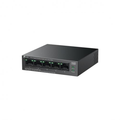 "5-Port Gigabit Desktop Switch with  4-Port PoE+ PORT: 4× Gigabit PoE+ Ports, 1× Gigabit Non-PoE Port SPEC: 802.3af/at, 65 W PoE Power, Desktop Steel Case FEATURE: Extend Mode for 250m PoE Transmitting, PoE Auto Recovery, Plug and Play"