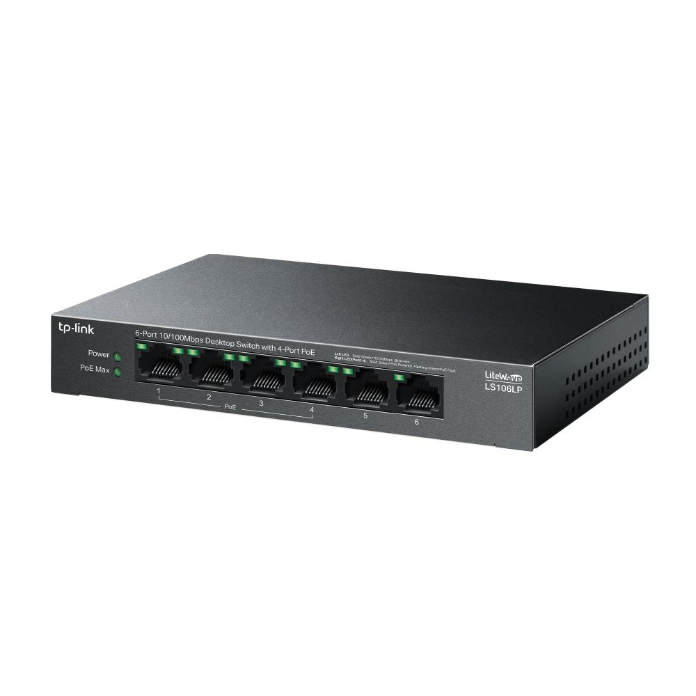 "6-Port 10/100 Mbps Desktop Switch with 4-Port PoE PORT: 4× 10/100 Mbps PoE Ports, 2× 10/100 Mbps Non-PoE Ports SPEC: 802.3af, 41 W PoE Power, Desktop Steel Case FEATURE: Extend Mode for 250m PoE Transmitting, PoE Auto Recovery, Plug and Play"