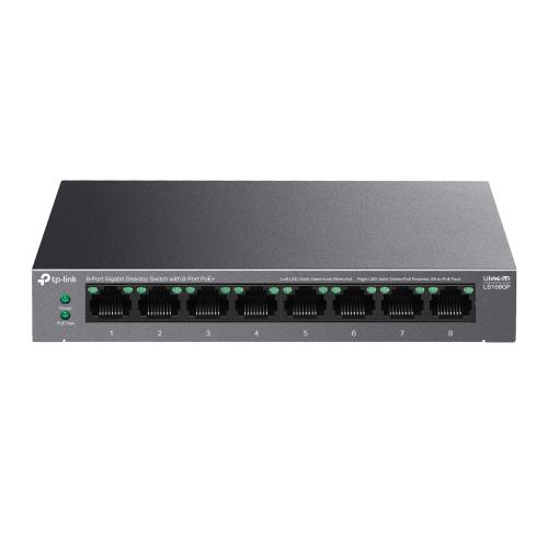 TP-LINK 5-PORT GIGABIT SWITCH LS108GP, interfata  8× 10/100/1000Mbps RJ45 Ports (Ports 1–8 supports 802.3af/at PoE+), AUTO Negotiation, AUTO MDI/MDIX, porturi Standard: 802.3 af/at compliant,  PoE Ports: Ports 1–8, pana la 30 W PoE output per port, PoE Budget: 62 W, dimensiuni 6.2× 3.9×1.0 in