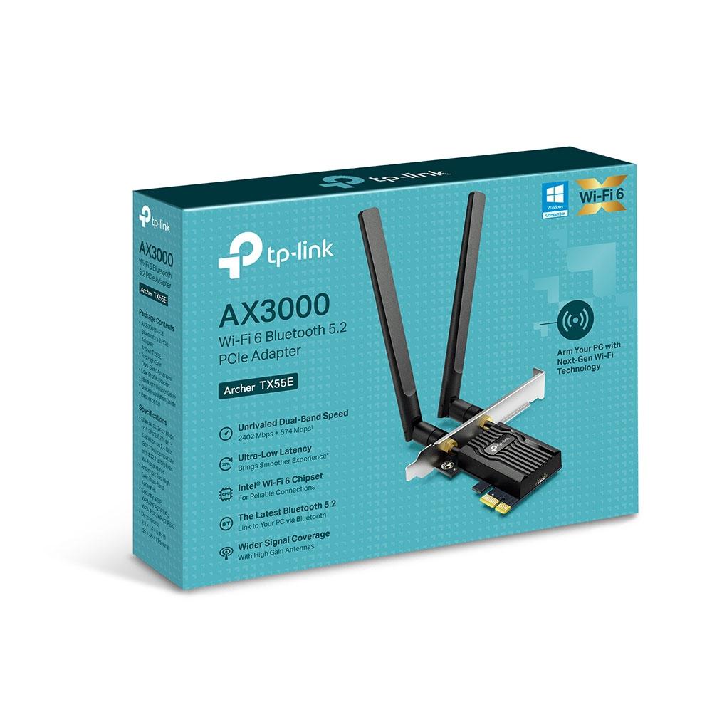 TP-Link Adaptor PCle Wi-Fi 6 AX3000 WI-FI 6 cu Bluetooth 5.2 ARCHER TX55E, 2× Antene Dual-Band High-Gain, Standarde wireless: IEEE 802.11ax/ac/n/a 5 GHz IEEE 802.11ax/n/g/b 2.4 GHz, Bluetooth 5.2/5.0/4.2/4.0, Viteza wireless: 5 GHz-Up to 2402 Mbps, 2.4Ghz-Up to 574 Mbps,