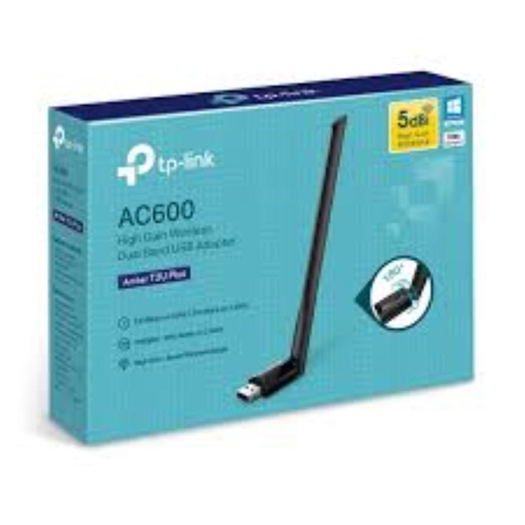 Tp-link AC600 High Gain Wireless Dual Band USB Adapter, ARCHER T2U PLUS; USB 2.0; 5dBi Antenna; Wireless Standards: IEEE 802.11b/g/n 2.4 GHz, IEEE 802.11a/n/ac 5GHz; Wireless Speeds: 600 Mbps (200 Mbps on 2.4GHz, 433 Mbps on 5GHz); Frequency: 2.4GHz, 5GHz;