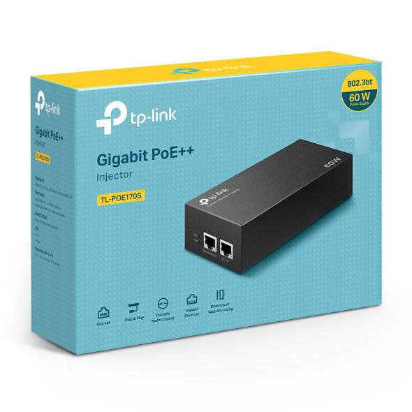 TP-Link, PoE++ Injector, TL-POE170S, Standarde si protocoale: IEEE802.3i, IEEE802.3u, IEEE802.3ab, IEEE802.3af, IEEE802.3at, IEEE802.3bt, interfata: 1 x 10/100/1000Mbps RJ45 data-in port, 1 x 10/100/1000Mbps RJ45 power+data-out port.