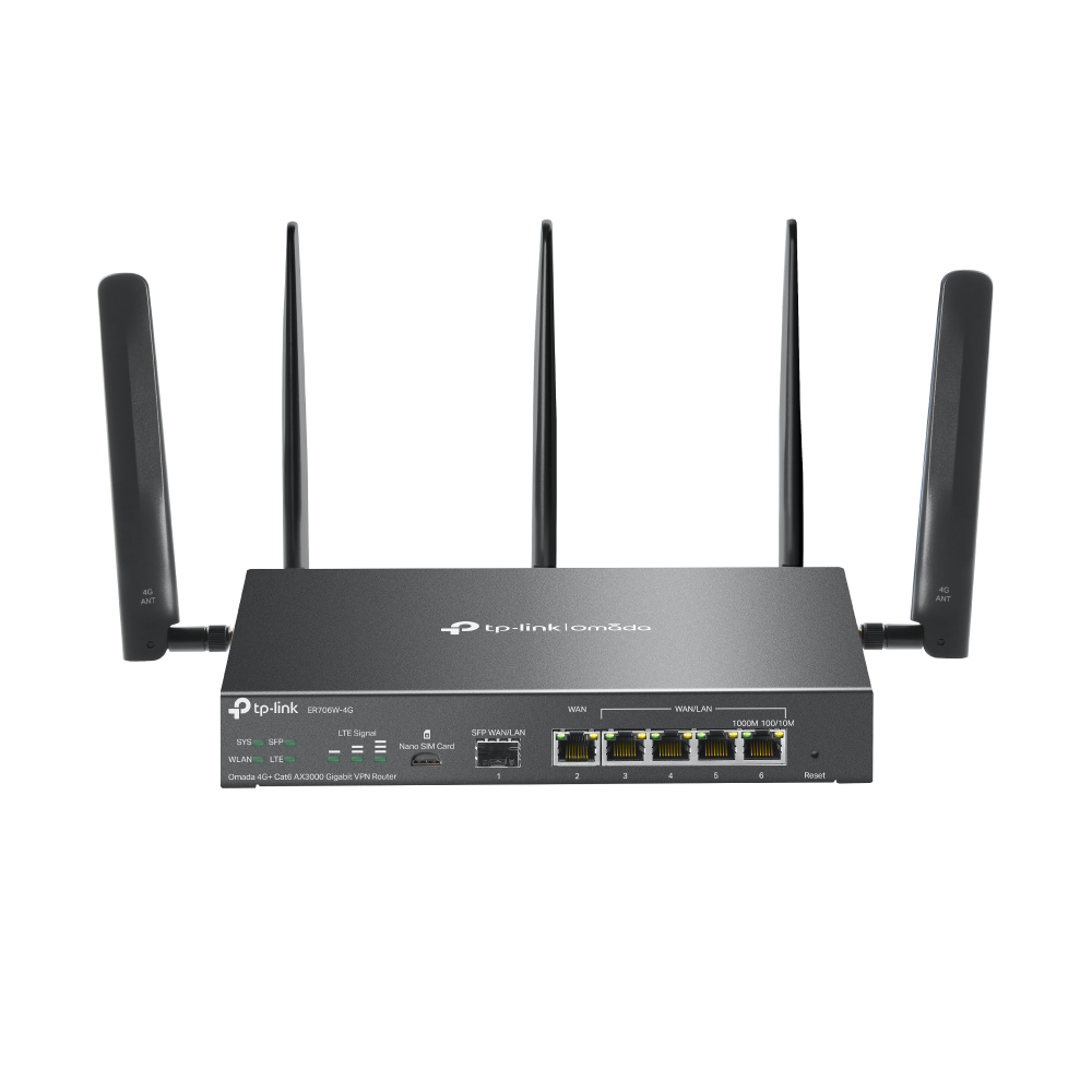 "Omada 4G+ Cat6 AX3000 Gigabit VPN Router PORT: 1× Gigabit SFP WAN/LAN Port, 1× Gigabit RJ45 WAN Port, 4× Gigabit WAN/LAN RJ45 Ports, 1 Nano SIM slot (4G+ Cat6) SPEED: 574Mbps at 2.4 GHz + 2402 Mbps at 5 GHz (HE160) Wi-Fi Speed, 300 Mbps Download LTE Speed FEATURE: Integration with Omada SDN