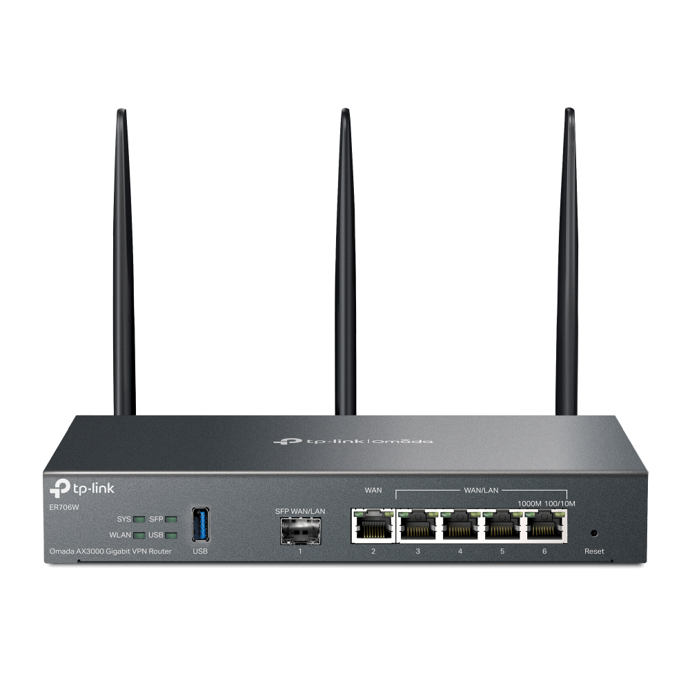 TP-Link Router VPN Wi-Fi 6 AX3000 Multi-WAN ER706W, Interfata: 1 x WAN, 4 x 10/100/1000Mbps, 1 x USB 3.0, Dual-Band 2.4 GHz: 574 Mbps, 5 GHz: 2402 Mbps, Memorie: 128 MB NAND, Ram 512 Mb DDR4, Dimesiuni: 226 × 131 × 35 mm,