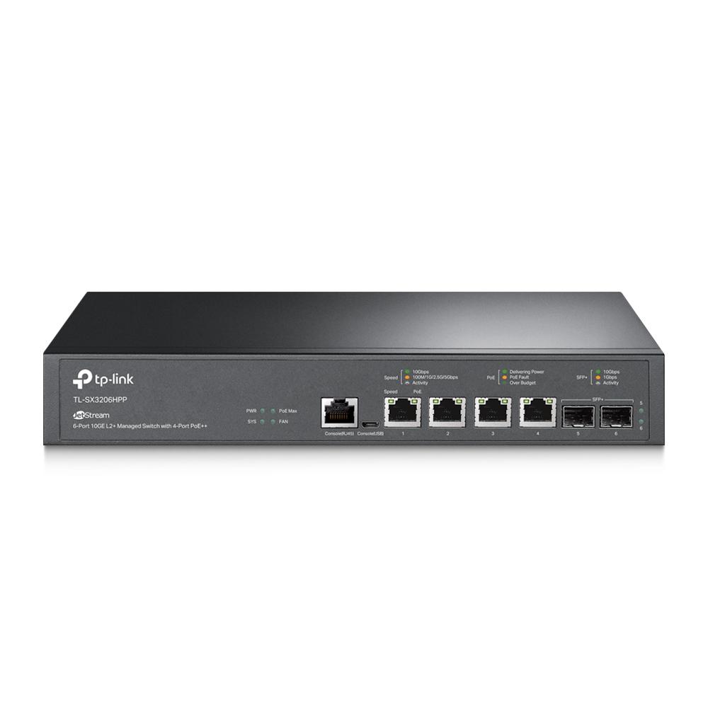 TP-Link JetStream 6-Port 10GE L2+ Managed Switch with 4-Port PoE++ TL- SX3206HPP, Interfata: 4× 100/1000/2500/5000/10000 Mbps, 2× 10G SFP+,1× RJ45 Console Port, 1× Micro-USB Console Port, 2 ventilatoare, Power Budget: 200 W, Dimensiuni: 294× 180 × 44 mm, Switching Capacity: 120 Gbps , smart managed