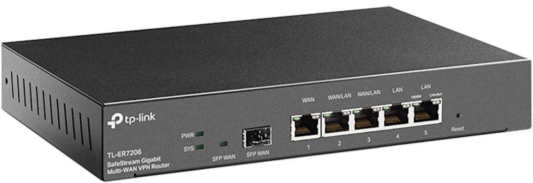 Router TP-Link TL-ER7206, Standarde si protocoale:  IEEE 802.3, 802.3u, 802.3ab, interfata: 1x Fixed Gigabit SFP WAN Port, 1x Fixed Gigabit RJ45 WAN Port, 2x Fixed Gigabit RJ45 LAN Ports, 2x Changeable Gigabit RJ45 WAN/LAN Ports, flash: SPI 4MB + NAND 128MB, DRAM 512MB.