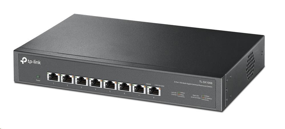 Switch TP-Link TL-SX1008, 8-Port 10G Desktop/Rackmount, Standards and Protocols: IEEE 802.3, 802.3u, 802.3ab, 802.3x, 802.1p, 802.3an, 802.3bz, Interface:  8× 100Mbps/1Gbps/2.5Gbps/5Gbps/10Gbps Ports, Auto- Negotiation, Auto-MDI/MDIX, 1 smart fan with adjustable speed, Switching Capacity: 160 Gbps