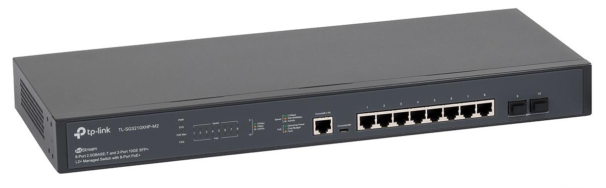 "JetStream™ 8-Port 2.5GBase-T and 2-Port 10GE SFP+ L2+ Managed Switch with 8-Port PoE+ PORT: 8× 2.5G PoE+ Ports, 2× 10G SFP+ Slots, RJ45/Micro-USB Console Port SPEC: 802.3at/af, 240 W PoE Power, 1U 19-inch Rack-mountable Steel Case FEATURE: Integration with JetStream™ SDN Controller,Static Routing