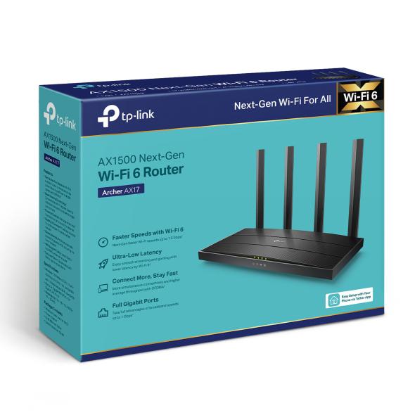 TP-Link Router Gigabit Dual-Band Wi-Fi 6 AX1500 ARCHER AX17, Standarde wireless: IEEE 802.11ax/ac/n/a 5 GHz, IEEE 802.11n/b/g 2.4 GHz, Viteza: 5 GHz: 1201 Mbps, 2.4 GHz: 300 Mbps, 4 antene fixe, Interfata: 1× port WAN Gigabit, 3× porturi LAN Gigabit, dimesiuni: 215 × 117 × 32 mm