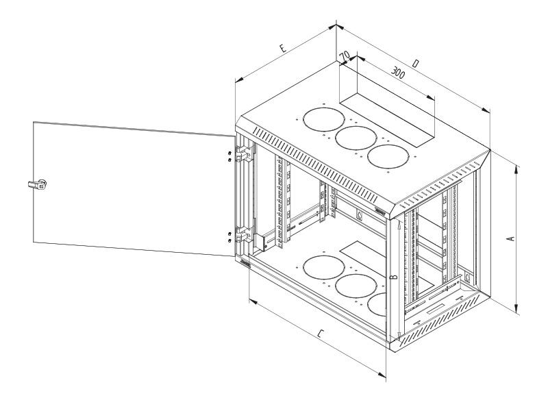 Rack de perete Triton sectiune simpla 18U 600mm adancime usa sticla panouri laterale detasabile, sectiuni acces cabluri sus/jos/spate securizare cu cheie, 1 pereche montanti reglabili, fabricat din tabla galvanizata IP30 gri