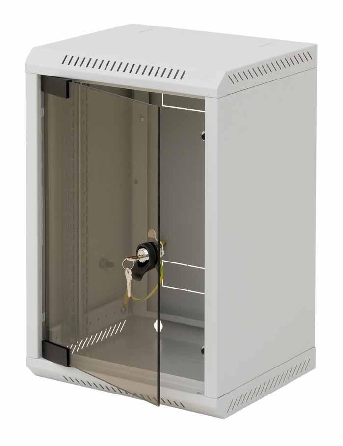 Rack de perete Triton sectiune simpla 9U 300mm adancime usa sticla panouri laterale fixe sectiuni, sectiuni acces cabluri sus/jos/spate securizare cu cheie, 1 pereche montanti reglabili IP30 gri