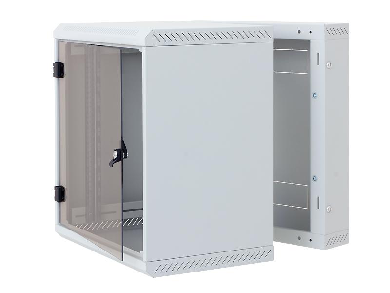 Rack de perete Triton sectiune dubla 4U 600mm adancime usa sticla panouri laterale fixe sectiuni ventilatie activa, sectiuni acces cabluri sus/jos/spate securizare cu cheie, 1 pereche montanti reglabili IP30 gri