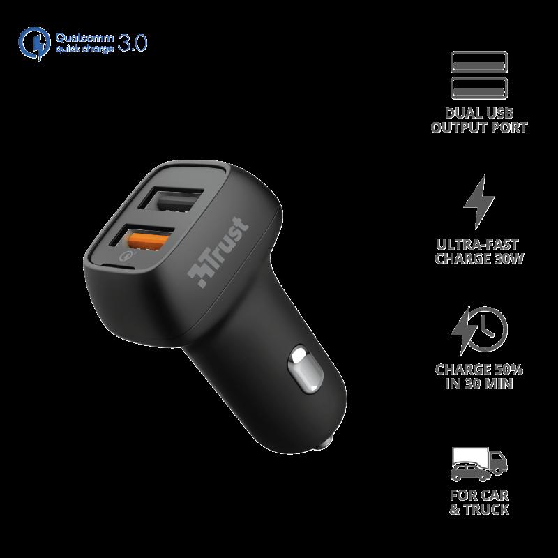 Incarcator rapid pentru masina Trust Qmax 30W Ultra-Fast Dual USB Car Charger with QC3.0