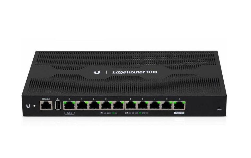 Ubiquiti EdgeRouter ER-10X, 10x Gigabit LAN, 10 Gigabit RJ45 ports offer copper connectivity with PoE input on port 1 and PoE passthrough on port 10 Passthrough, Powered by 24V Passive PoE or External AC/DC Adapter, Dual-Core, 880 MHz, MIPS1004Kc Processor, 512 MB DDR3 RAM, 512 MB NAND Flash