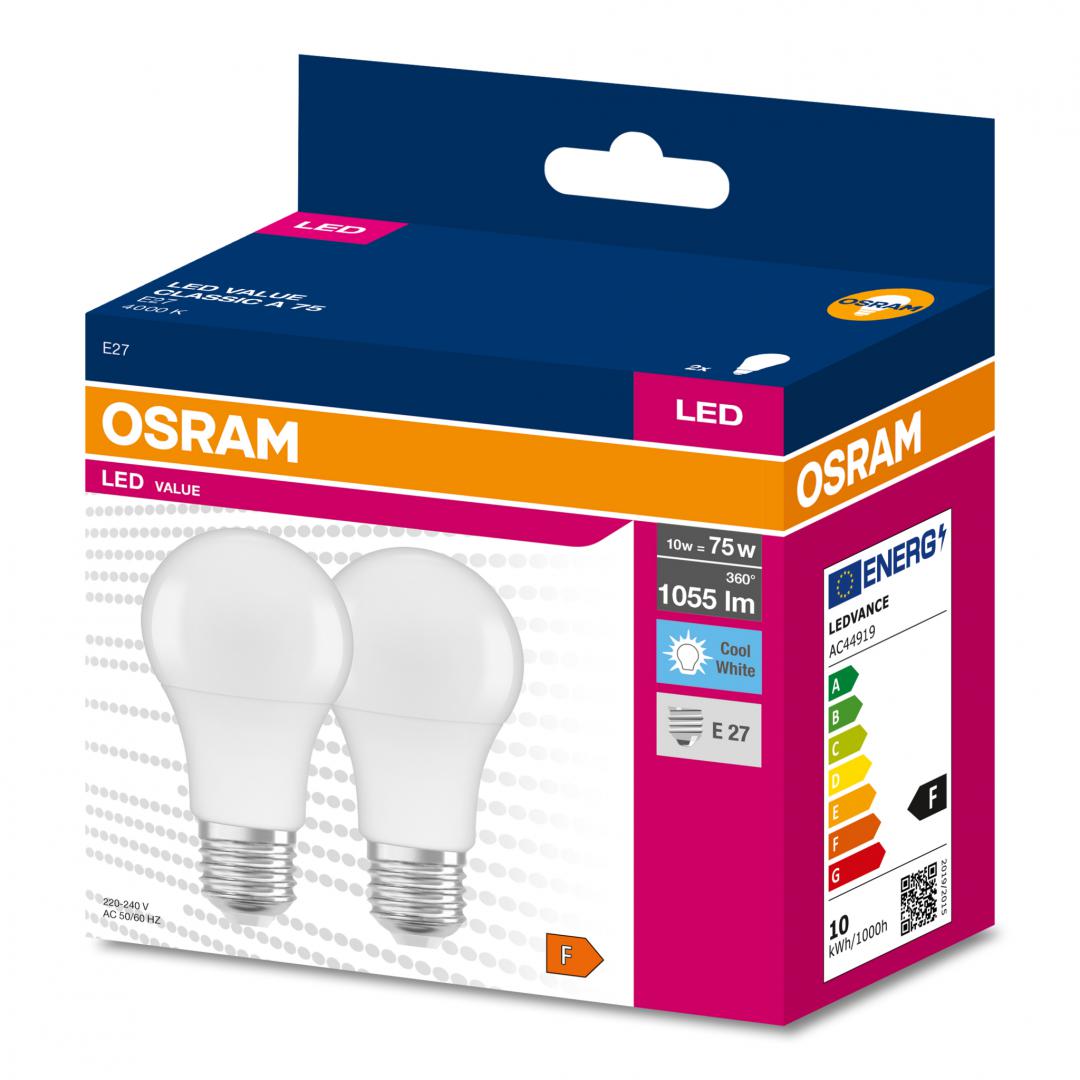2 Becuri LED Osram Value Classic A, E27, 10W (75W), 1055 lm, lumina neutra (4000K)