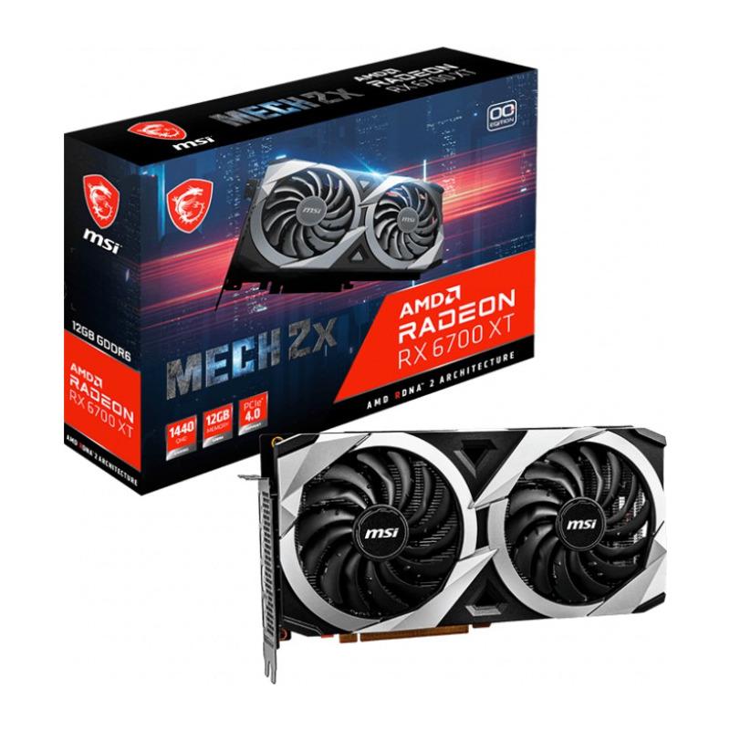 Placa video MSI Radeon RX 6700 XT MECH 2X 12G OC 912-V398-002 / 4719072806613  SPECIFICATIONS Model Name RX 6700 XT MECH 2X 12G OC Graphics Processing Unit Radeon™ RX 6700 XT Interface PCI Express®  Gen 4 Cores 2560 Units Core Clocks Boost: Up to 2620 MHz / Game: Up to 2474 MHz Memory Speed 16 Gbps
