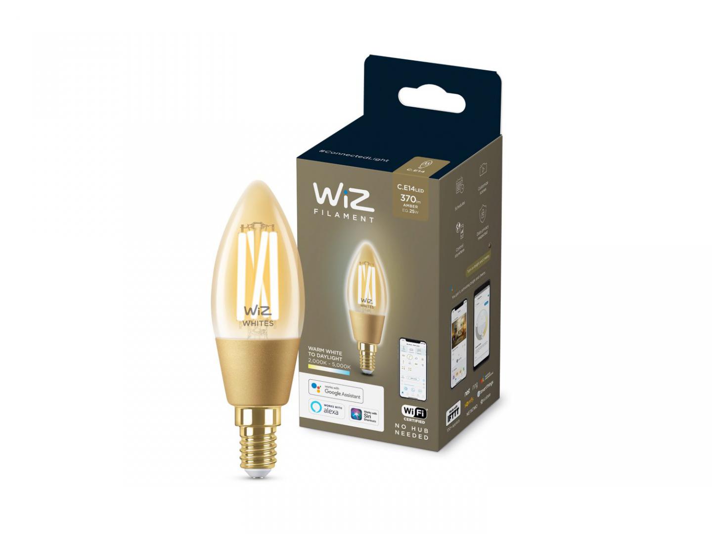 Bec LED inteligent vintage (decorativ) WiZ Connected Filament Gold C35 ,Wi-Fi, E14, 4.9W (25W), 370 lm, lumina alba (2000-5000K), compatibilGoogle Assistant/Alexa/Siri
