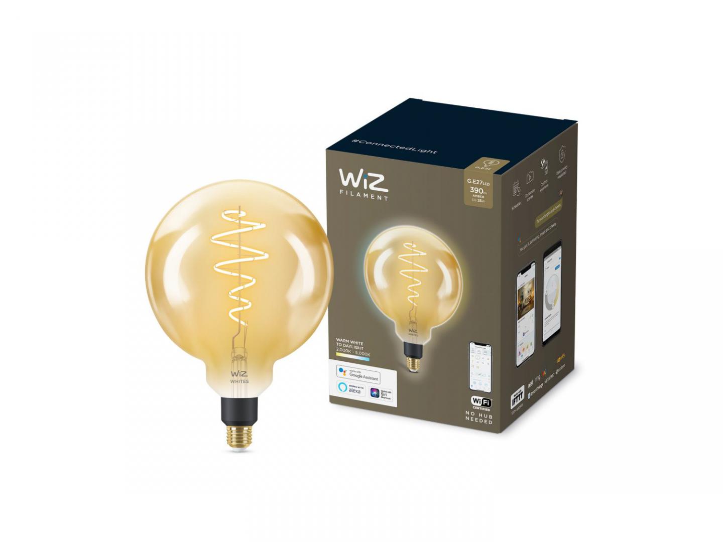 Bec LED inteligent vintage (decorativ) WiZ Connected Filament Gold G200 ,Wi-Fi, E27, 6W (25W), 390 lm, lumina alba (2000-5000K), compatibilGoogle Assistant/Alexa/Siri