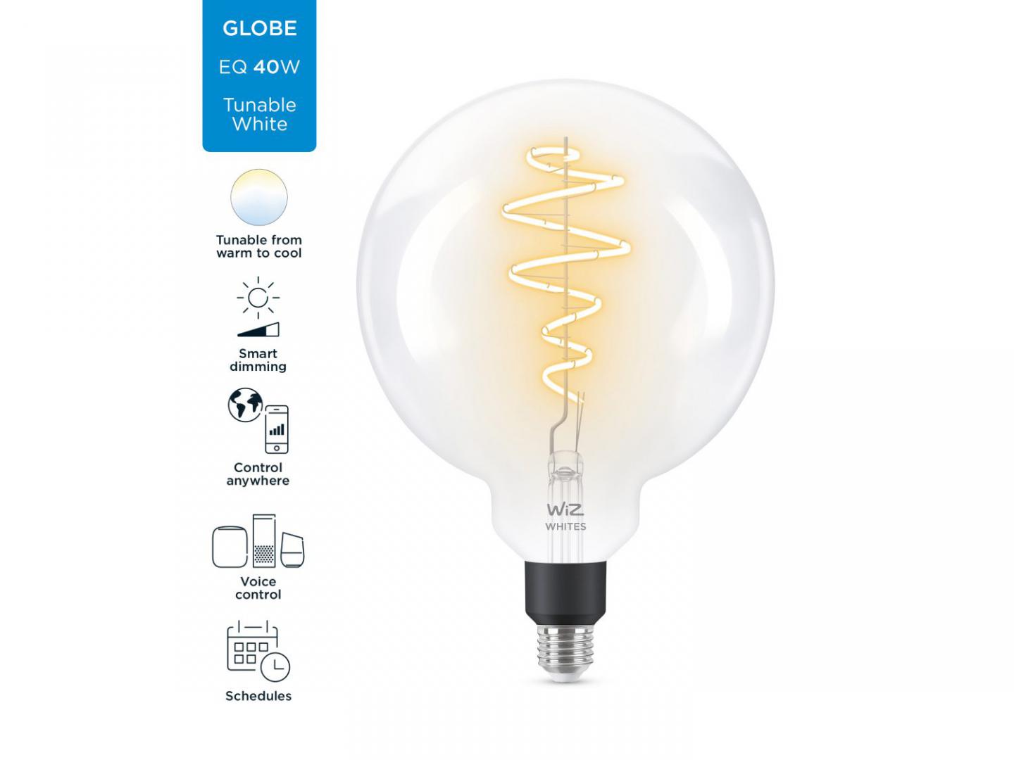 Bec LED inteligent vintage (decorativ) WiZ Connected Filament ClearG200 ,Wi-Fi, E27, 6.5W (40W), 470 lm, lumina alba (2700-6500K),compatibilGoogle Assistant/Alexa/Siri