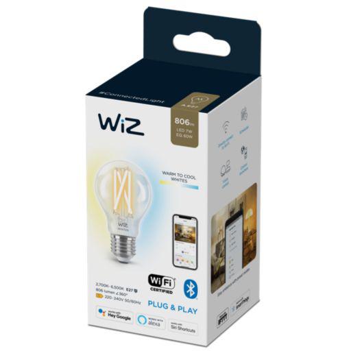 Bec LED inteligent vintage (decorativ) WiZ Connected Filament Clear A60, Wi-Fi, E27, 7W (60W), 806 lm, lumina alba (2700-6500K), compatibil Google Assistant/Alexa/Siri