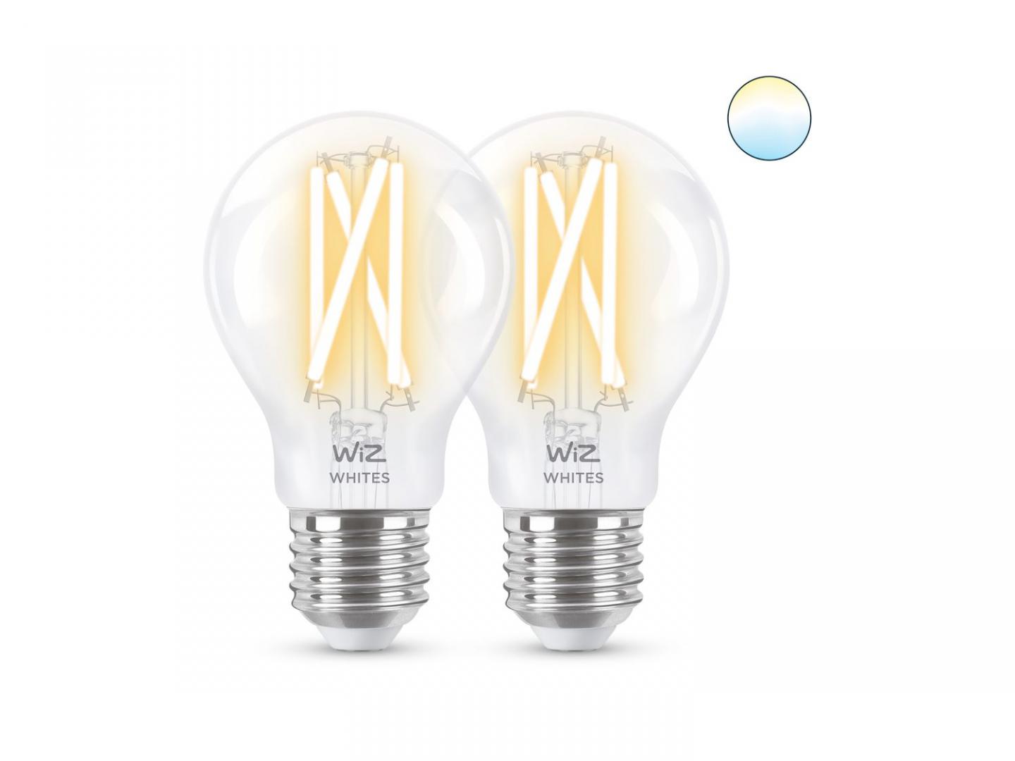 2 Becuri LED inteligente vintage (decorative) WiZ ConnectedFilamentClearA60, Wi-Fi, E27, 7W (60W), 806 lm, lumina alba (2700-6500K),compatibilGoogle Assistant/Alexa/Siri