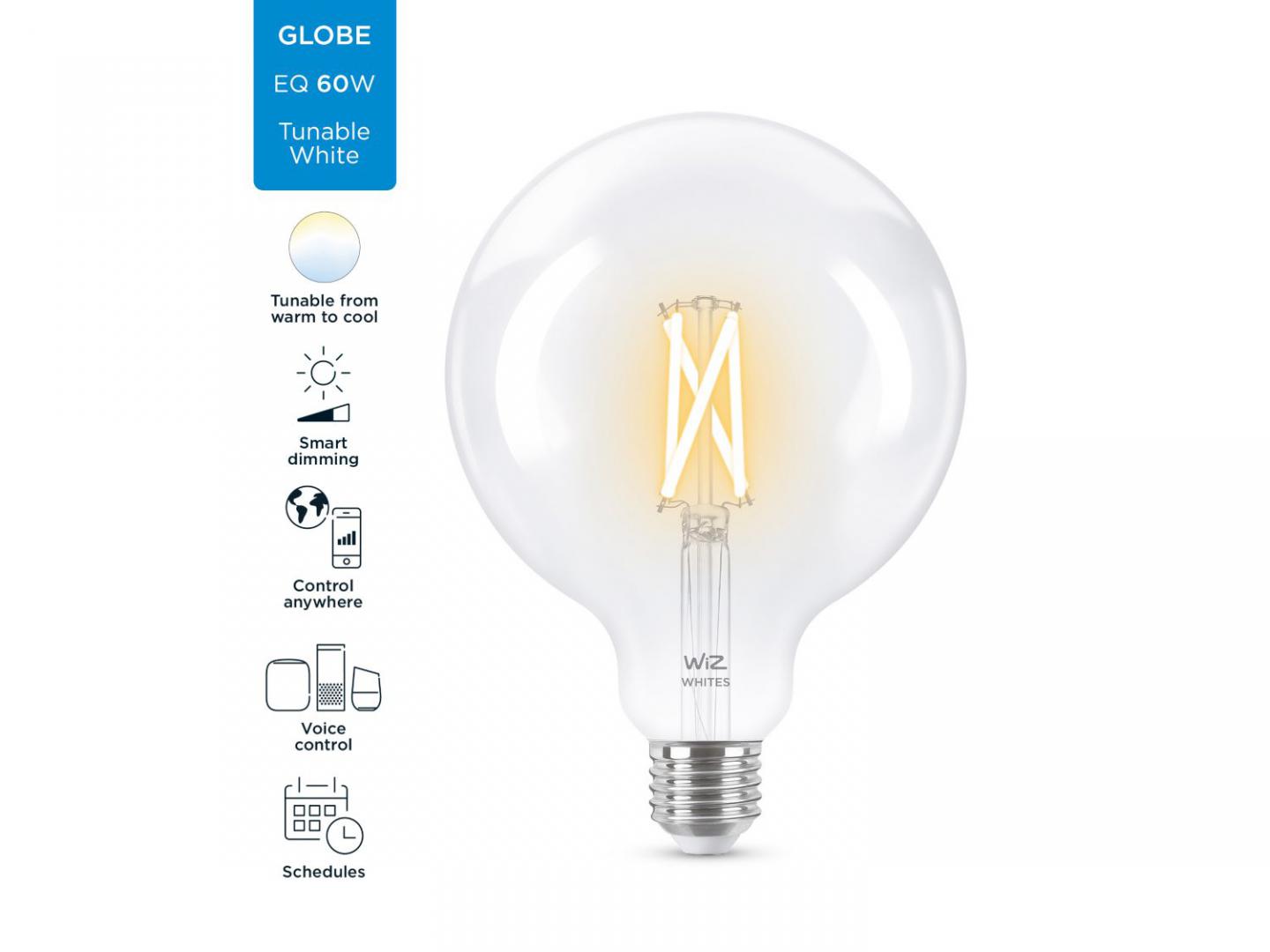 Bec LED inteligent vintage (decorativ) WiZ Connected Filament ClearG125 ,Wi-Fi, E27, 6.7W (60W), 806 lm, lumina alba (2700-6500K),compatibilGoogle Assistant/Alexa/Siri