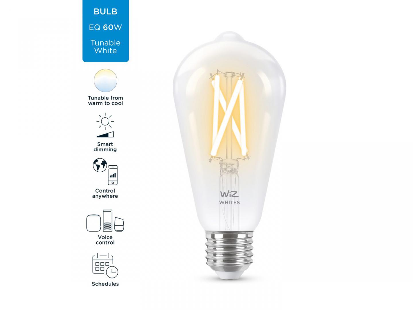 Bec LED inteligent WiZ Connected Filament ClearST64, Wi-Fi, E27, 6.7W(60W), 806 lm, lumina alba (2700-6500K),compatibil GoogleAssist ant/Alexa/Siri