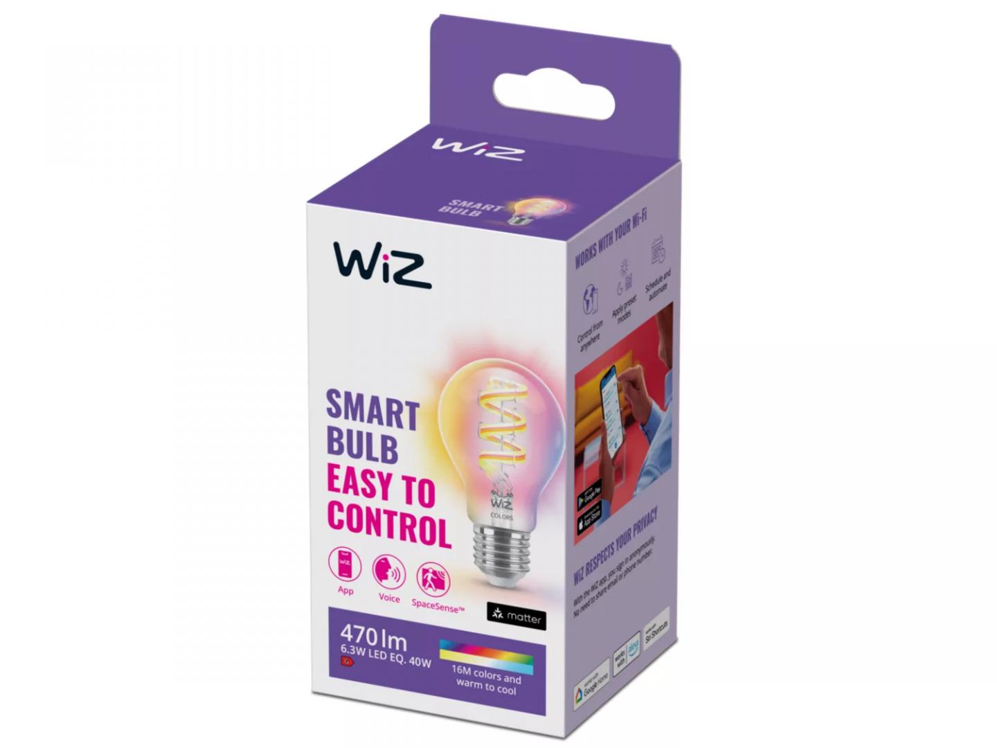 Bec LED RGB inteligent WiZ Connected Filament Clear A60, Wi-Fi, E27,6.3W (40W), 470 lm, lumina alba si color (2200-6500K), compatibil GoogleAssistant/Alexa/Siri