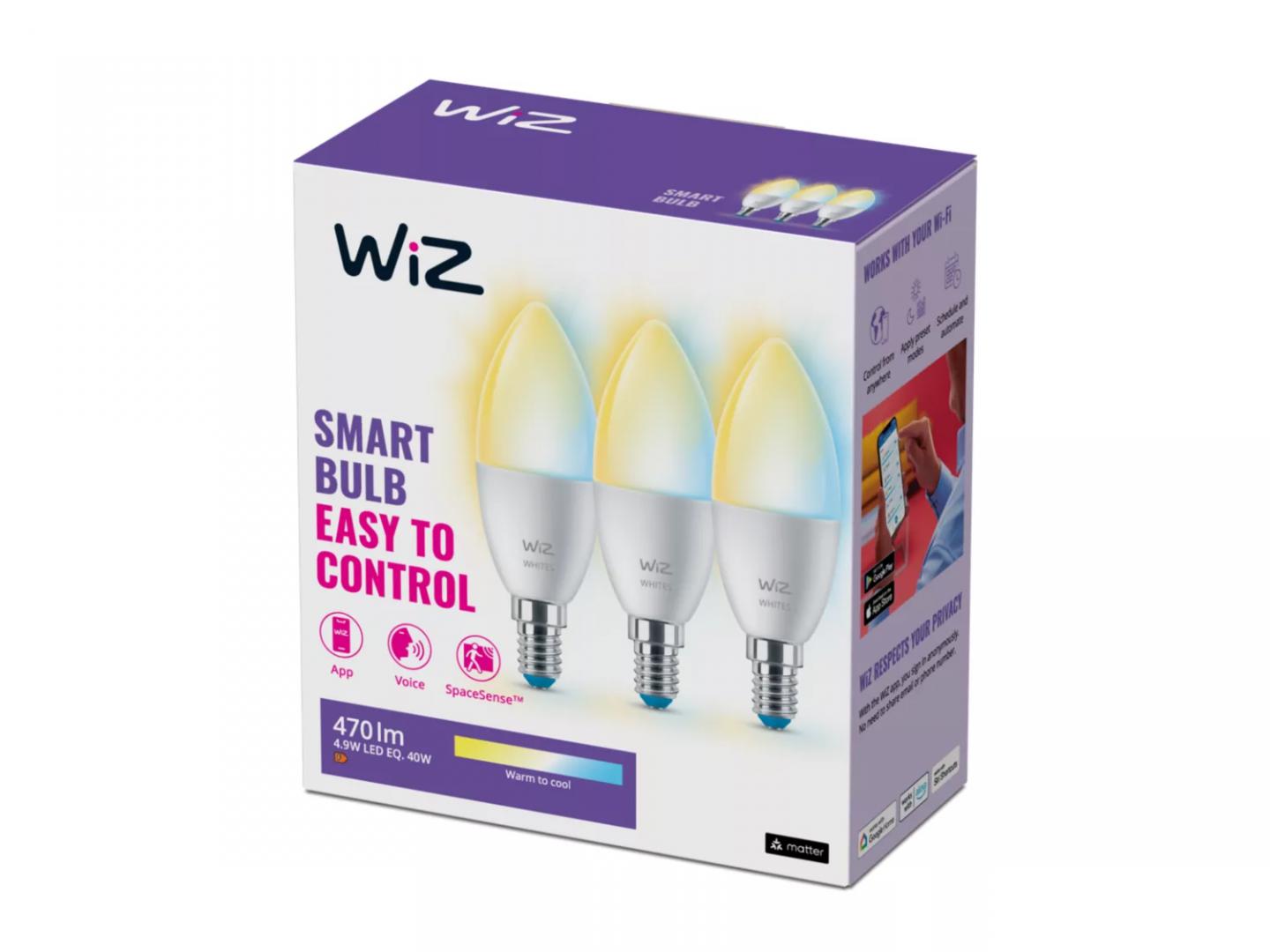 3 Becuri LED inteligente WiZ Connected Whites C37, Wi-Fi, E14, 4.9W (40W), 470 lm, lumina alba (2700-6500K), compatibil Google Assistant/Alexa/Siri