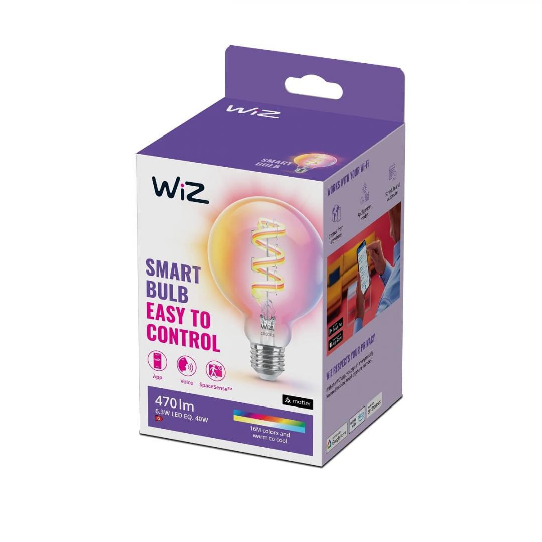 Bec LED RGB inteligent WiZ Connected Filament Clear G95, Wi-Fi, E27,6.3W (40W), 470 lm, lumina alba si color (2200-6500K), compatibil GoogleAssistant/Alexa/Siri