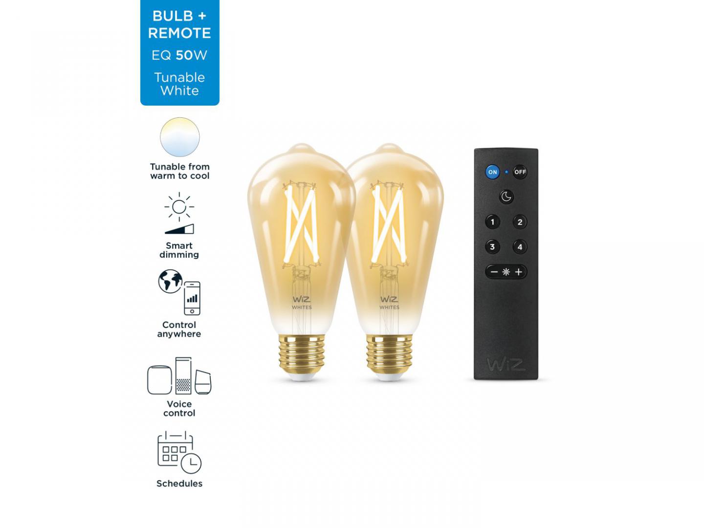 Pachet 2 Becuri LED inteligente vintage (decorative) WiZConnectedFilament Gold ST64, Wi-Fi, E27, 7W (50W), 640 lm, lumina alba(2000-5000K) + Telecomanda