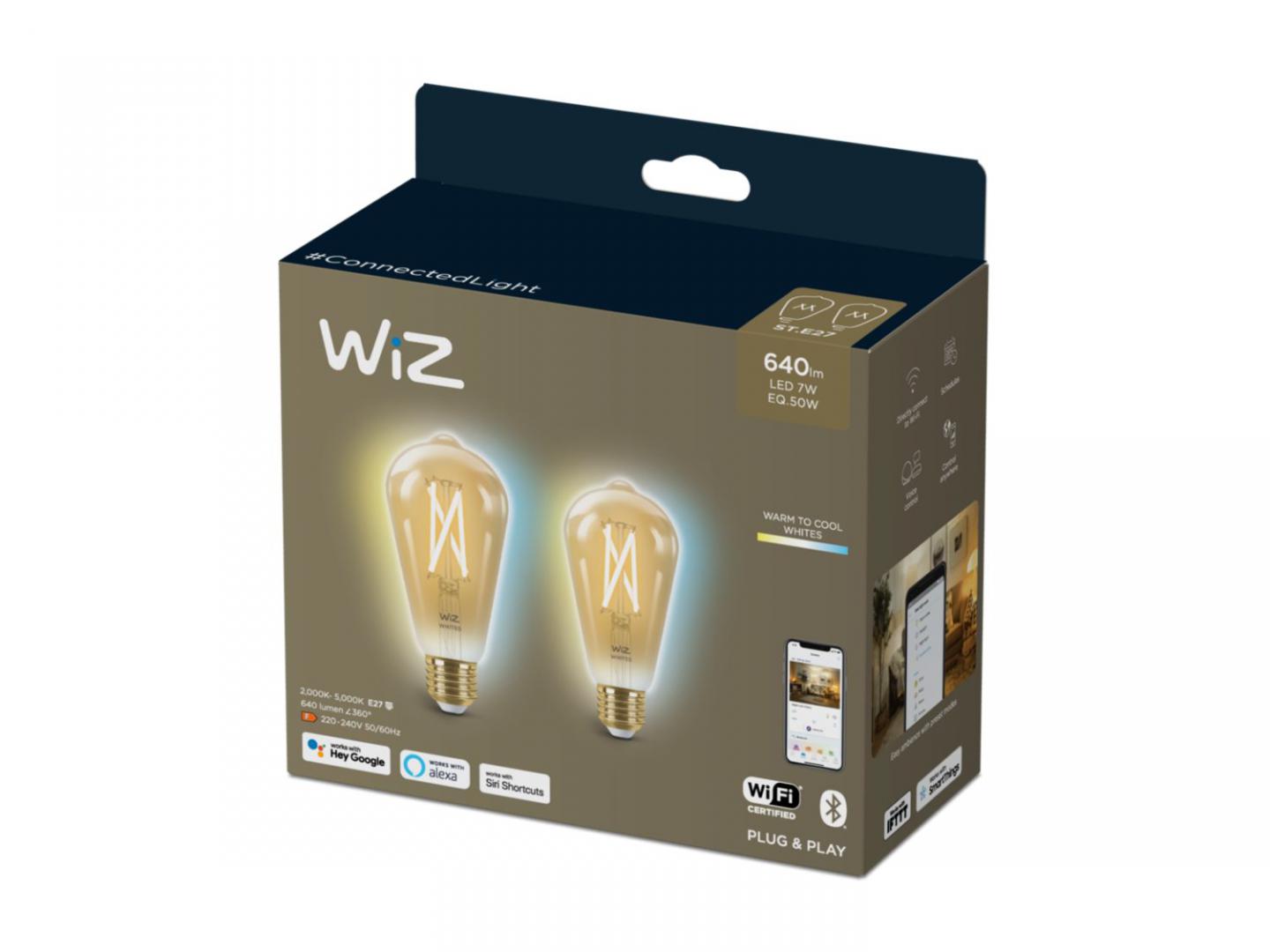 2 Becuri LED inteligente vintage (decorative) WiZ Connected FilamentGoldST64, Wi-Fi, E27, 6.7W (50W), 640 lm, lumina alba (2000-5000 K),compatibil Google Assistant/Alexa/Siri