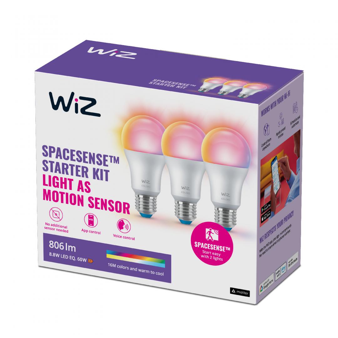 3 Becuri LED RGB inteligente WiZ Connected Colors A60, Wi-Fi, E27 ,8.8W(60W), 806 lm, lumina alba si color (2700-6500K), compatibilGoogleAssistant/Alexa/Siri