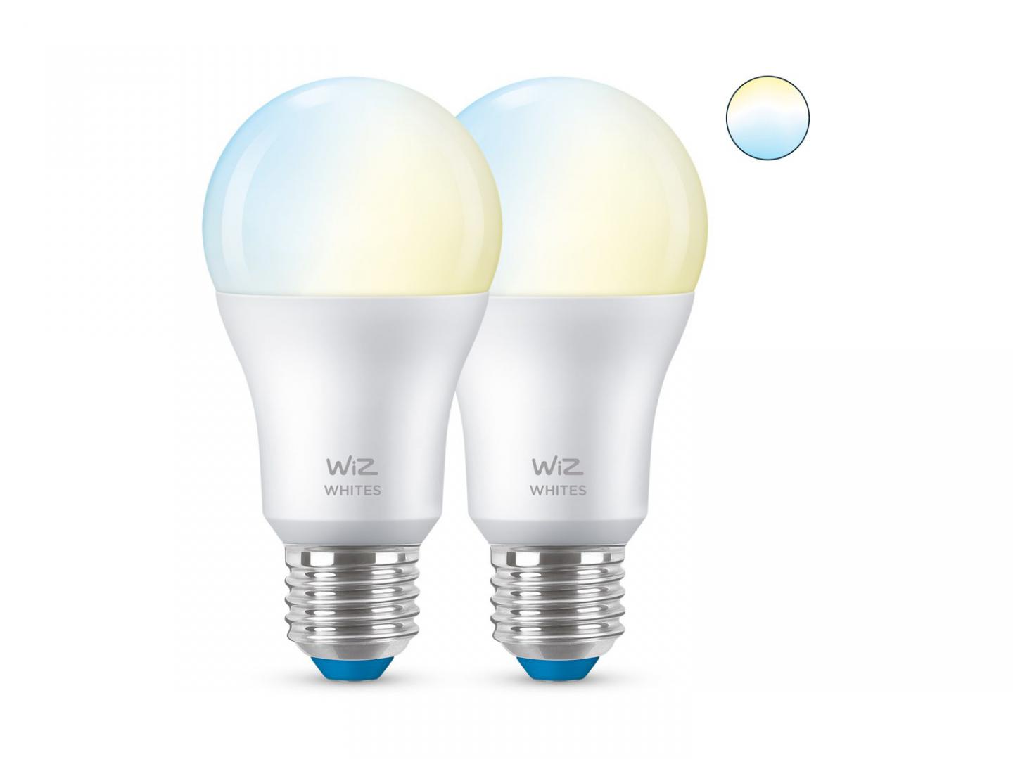 2 Becuri LED inteligente WiZ Connected Whites A60, Wi-Fi, E27, 8W (60W), 806 lm, lumina alba (2700-6500K), compatibil Google Assistant/Alexa/Siri