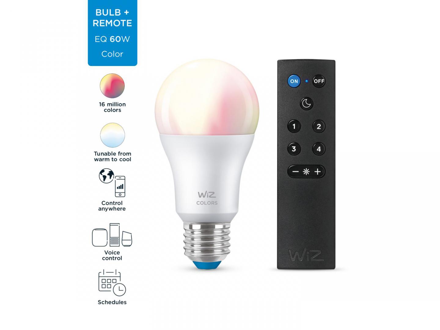 Pachet 1 Bec LED RGB inteligent WiZ Connected Colors A60, Wi-Fi, E27 ,8W(60W), 806 lm, lumina alba si color (2200-6500K) + Telecomanda