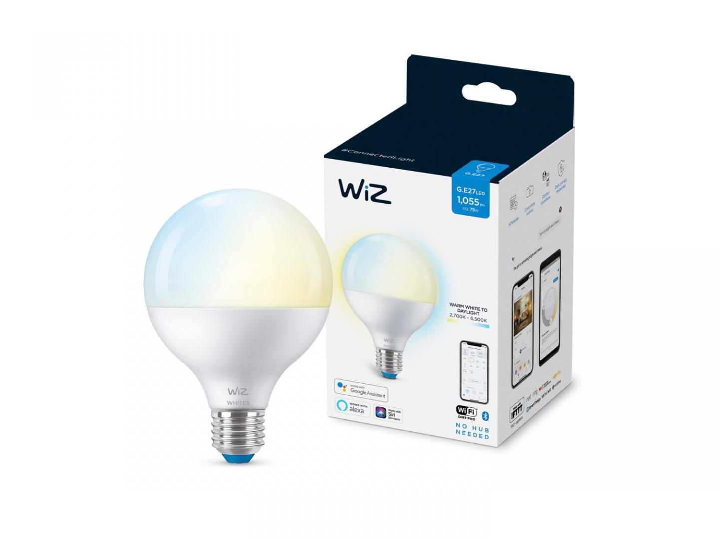 Bec LED inteligent WiZ Connected Whites G95, Wi-Fi, E27, 11W (75W) ,1055lm, lumina alba (2700-6500K), compatibil Google Assistant/Alexa/Siri