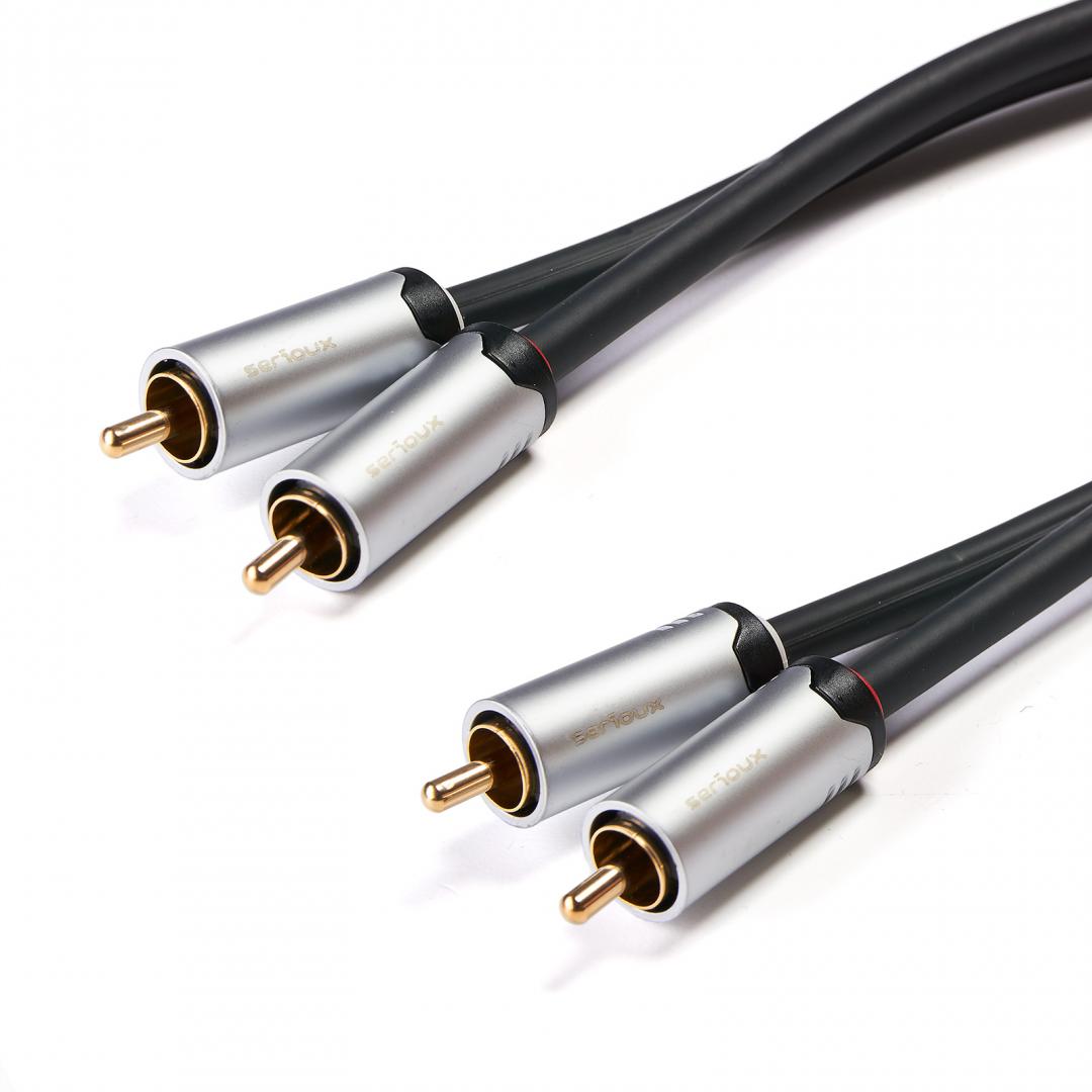 Cablu audio Serioux Premium Gold, 2 porturi RCA tata - 2 porturi RCA tata, conductori 99.99% cupru fara oxigen, mufe din metal aliaj Zinc, conectori auriti 24k, dublu ecranat, 3m, negru