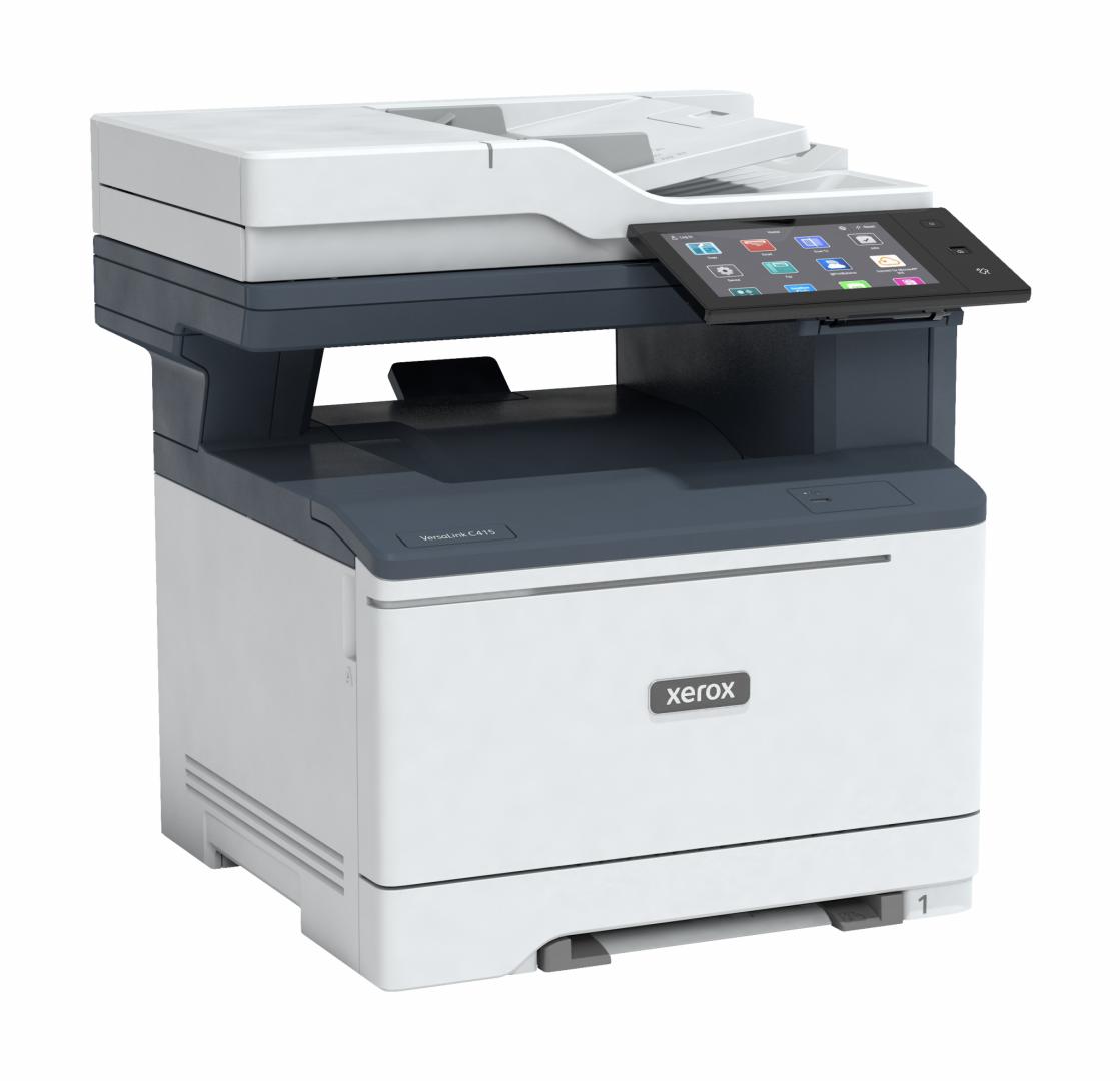 Multifuncțional laser color Xerox VersaLink C415 Imprimare/Copiere/Scanare/Fax, A4, Viteza pana la 42/40 ppm Letter/A4, procesor Quad Core de 1,2 GHz, Memorie 2 GB memorie sistem/32 GB eMMC/Opțional: HDD 500+ GB, Interfata Gigabit Ethernet 10/100/1000, USB de mare viteză 2.0 (tip A), USB de mare